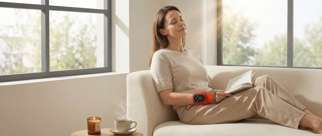 A person experiencing deep relief with Therapeutic Compression Massage using Wellivu ZenPulse at home.